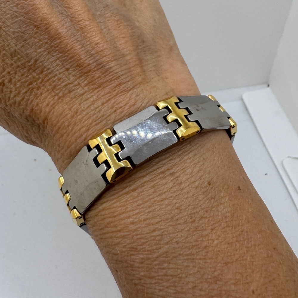 Tungsten Two Tone Magnetic Link Bracelet Silver Gold Tone 8 Inch